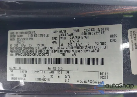 2019 Ford Escape Se z USA, uszkodzony, nr VIN 1FMCU9GDXKUC00731